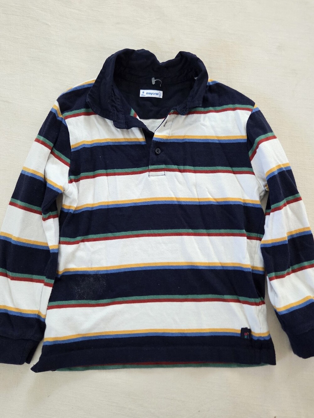 Mayoral Navy Colorful White Striped Rugby Polo Long Sleeve Shirt 5t/6